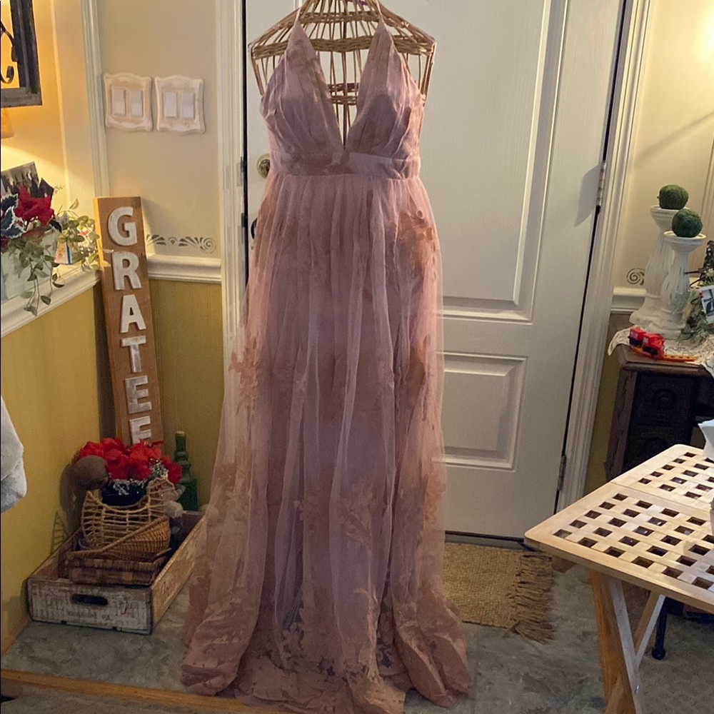 Elegant Pink Gown with Floral Details